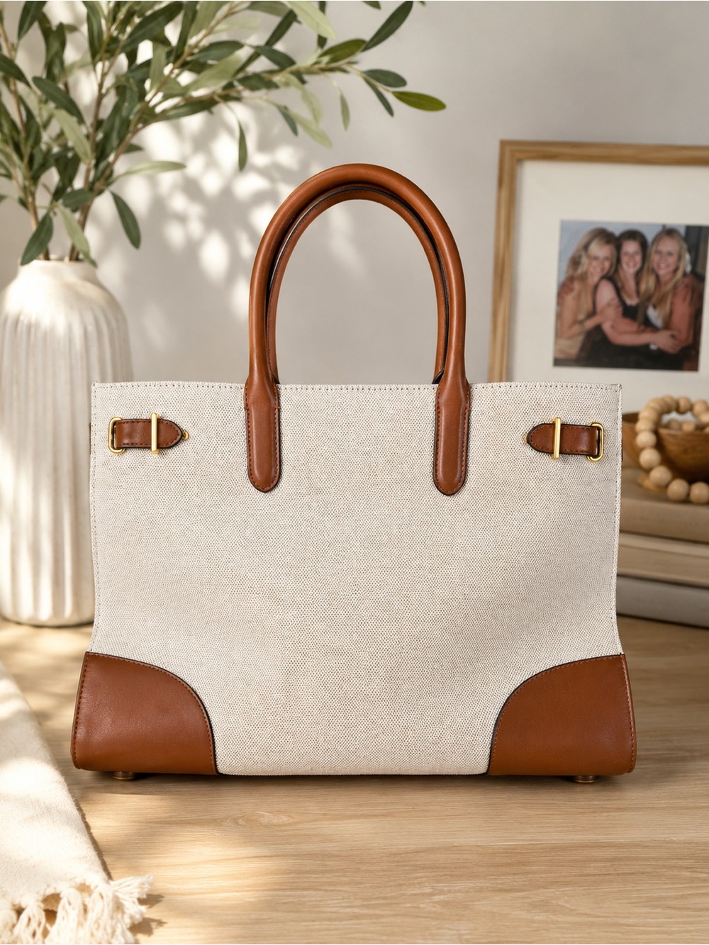 Ralph Lauren Devyn Canvas Tote Bag featuring brown leather trim & gold hardware - Picture 2 of 7